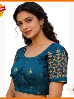 Embroidered Silk Blend Blouse with Back Tie-Up for Ethnic Wear